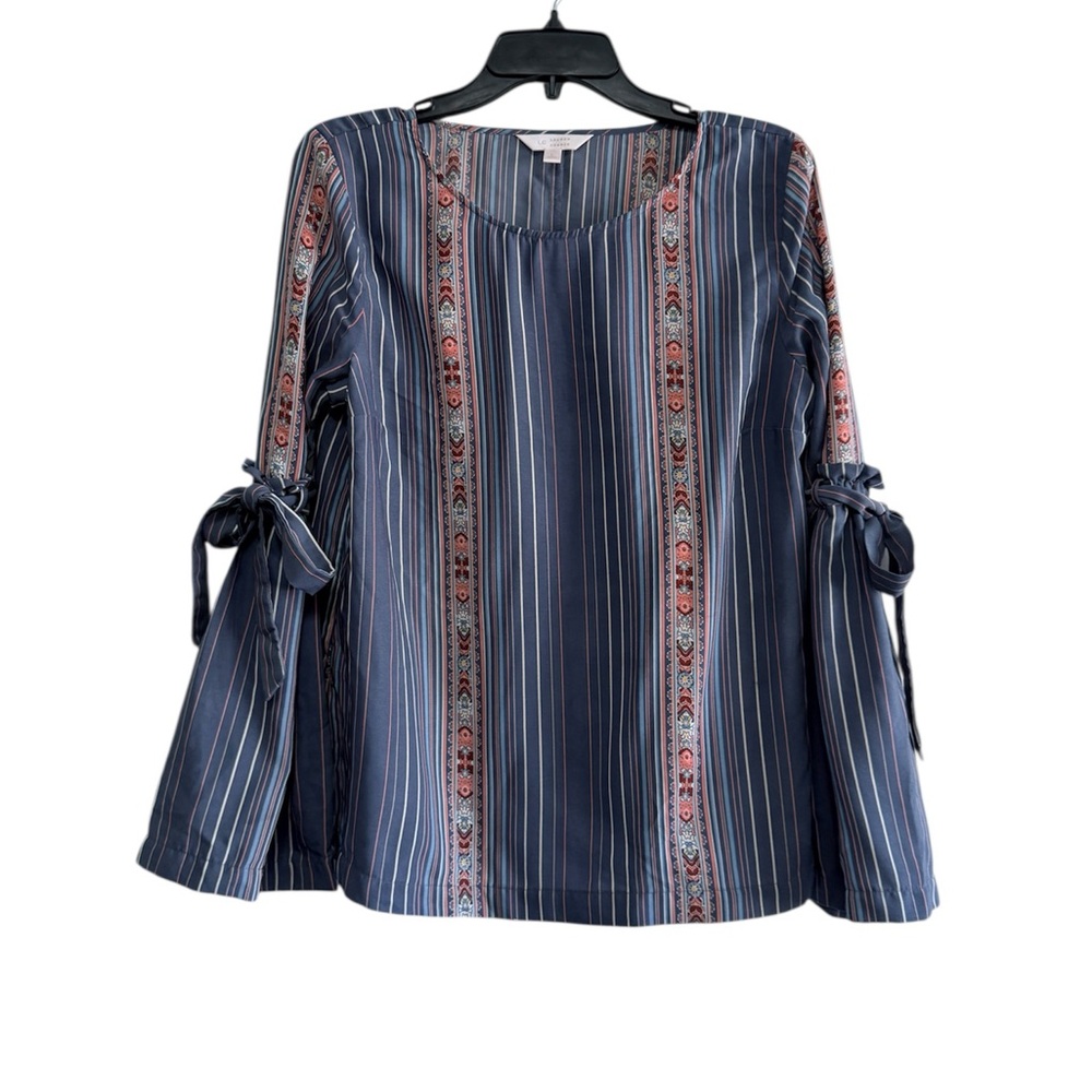 LC Lauren Conrad Blue Multi Stripe Bohemian Blouse Bell Sleeves Tribal Print - Picture 2 of 7